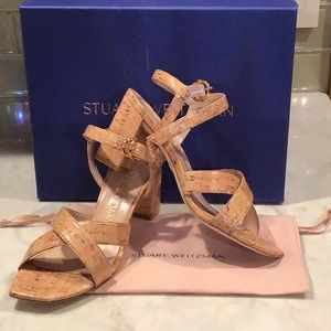 Stuart Weizmann Analeigh 75 Easy Cork ankle strap sandals.